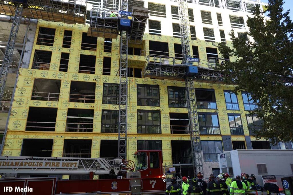 A view from outside the building under construction where the worker was injured