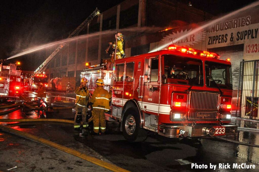 Multiple LAFD fire trucks at fire scene