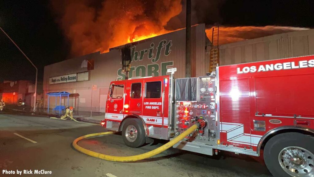 City of Los Angeles fire department pumper at commercial fire