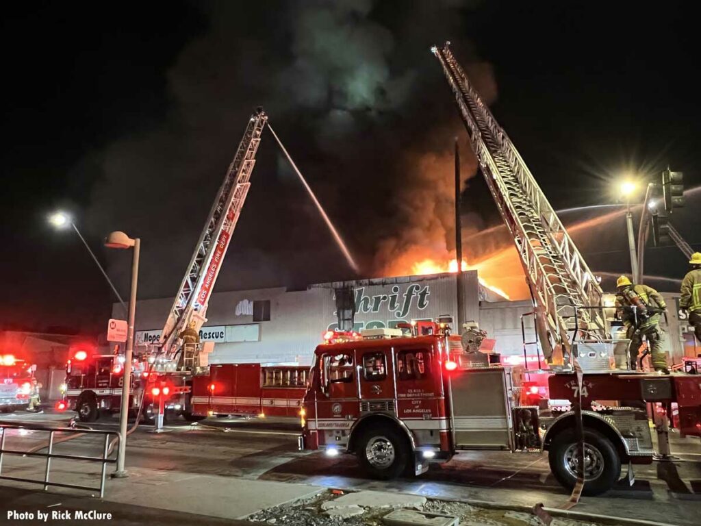 LAFD aerial devices in use at major emergency structure fire