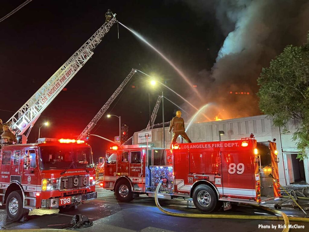 Los Angeles Fire Department fire trucks with master streams