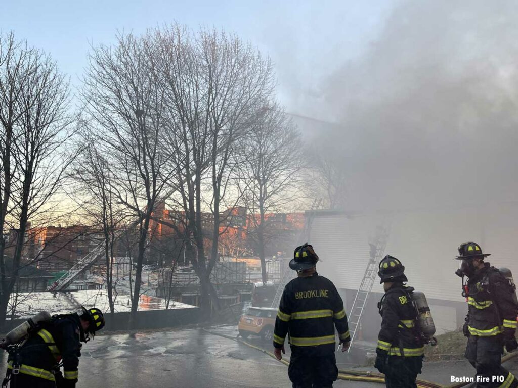 Brookline firefighters assist Boston firefighters at Brighton fire