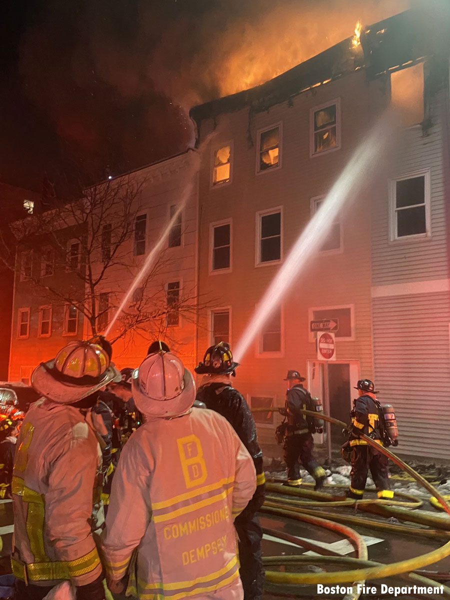 Boston fire commissioner Dempsey and firefighters at six-alarm fire