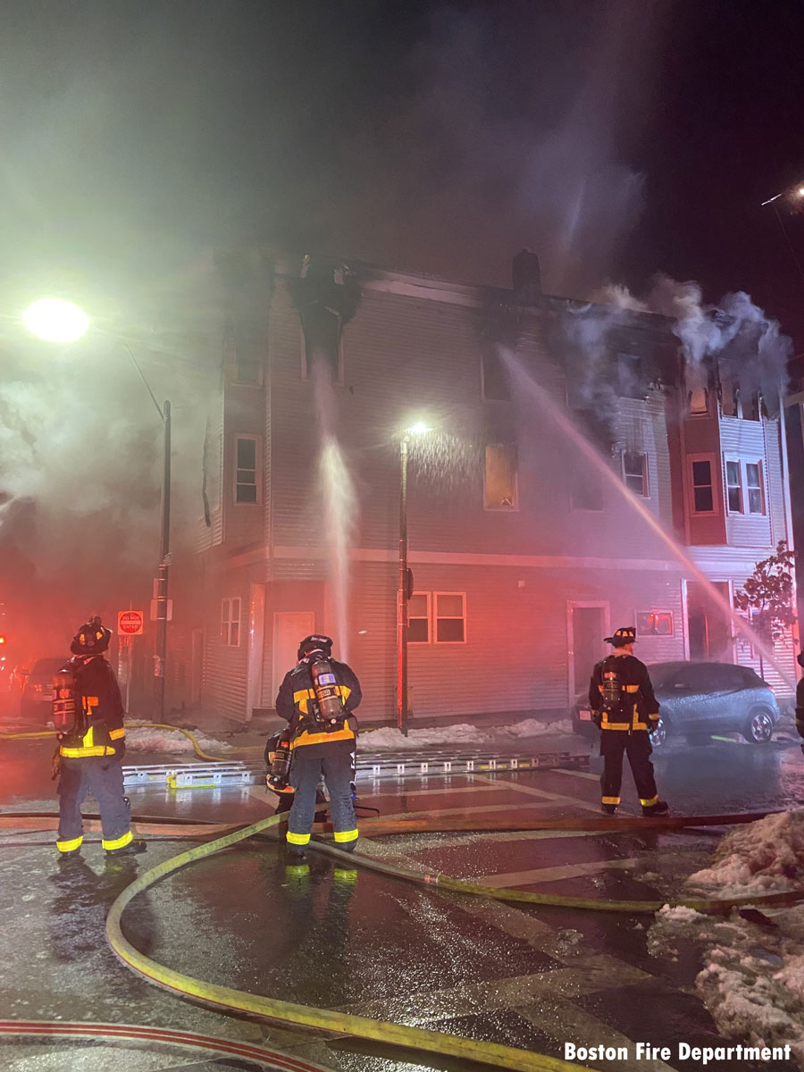 Multiple hose streams in use at Boston fire