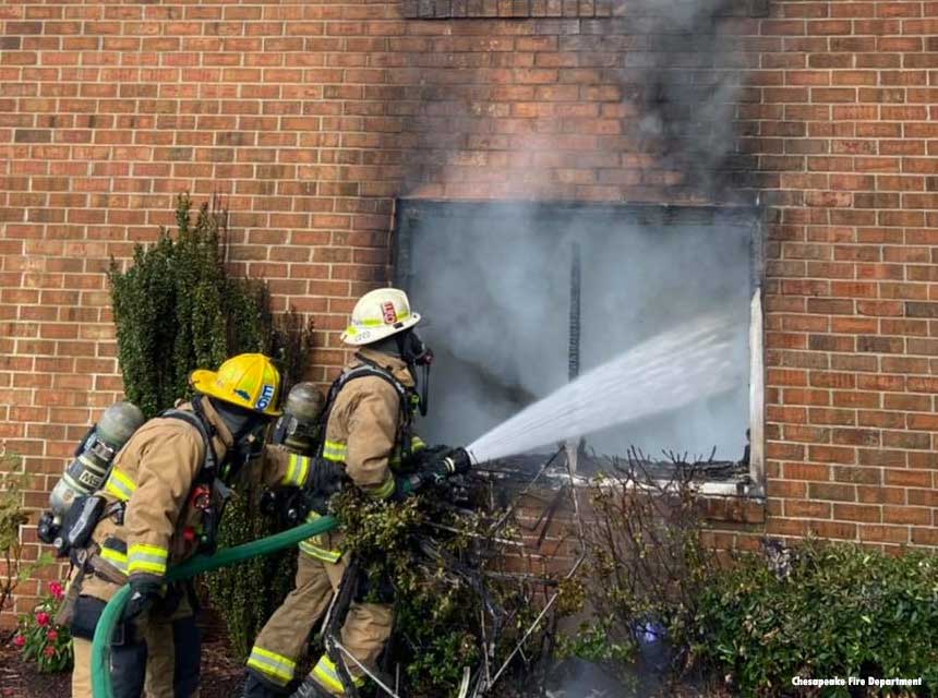 Firefighters operate at a residential structure fire in the Great Bridge neighborhood of Chesapeake, Virginia, on September 3, 2021. Photo courtesy Chesapeake (VA) Fire Department.