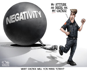 Negativity ball and chain and firefighter