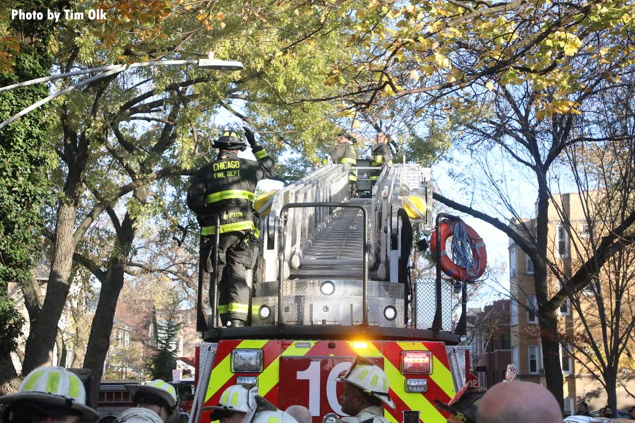 Chicago firefighter on tower ladder