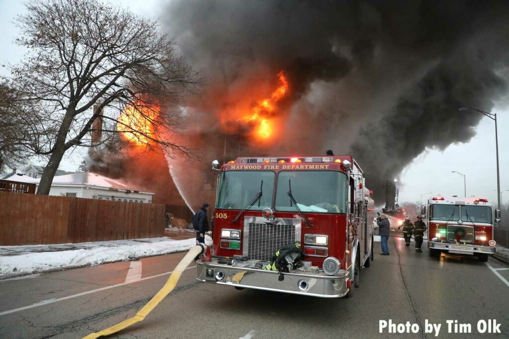 Fire apparatus at Maywood church fire