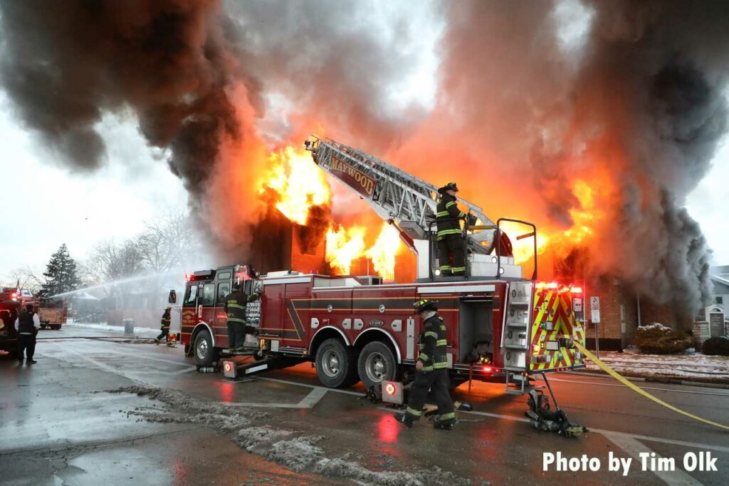 Aerial and water streams at Maywood church fire