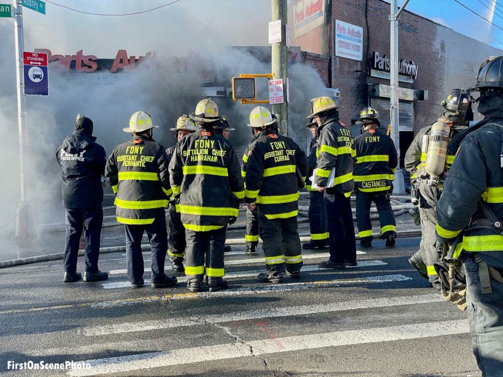 FDNY chief officers at major fire in Queens on Metropolitan Avenue in Glendale