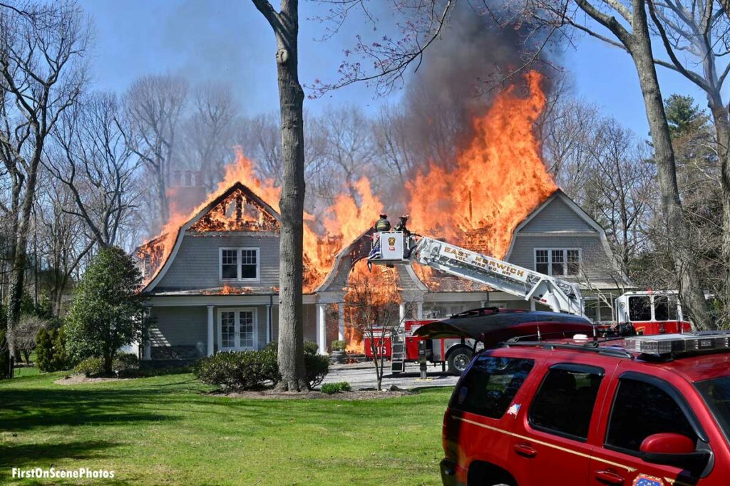 East Norwich tower ladder at fire scene