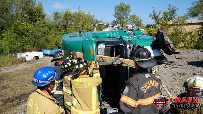 Firefighters vehicle rescue training on its side