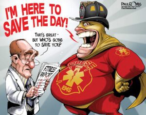 Obese firefighter with doctor